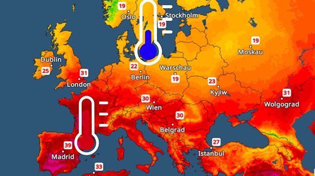 Teplotní mapa Evropy s velkou vlnou veder na jihozápadě a výrazně chladnějším vzduchem na severu. Dvě ikony teploměrů znázorňují výrazný teplotní kontrast.